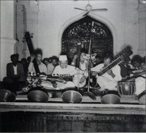 Ustad Alauddin Khan playing sarod in a recital in Curzon hall, accompanied by Ustad Khadem Hossain Khan on sitar. Winter of 1955.